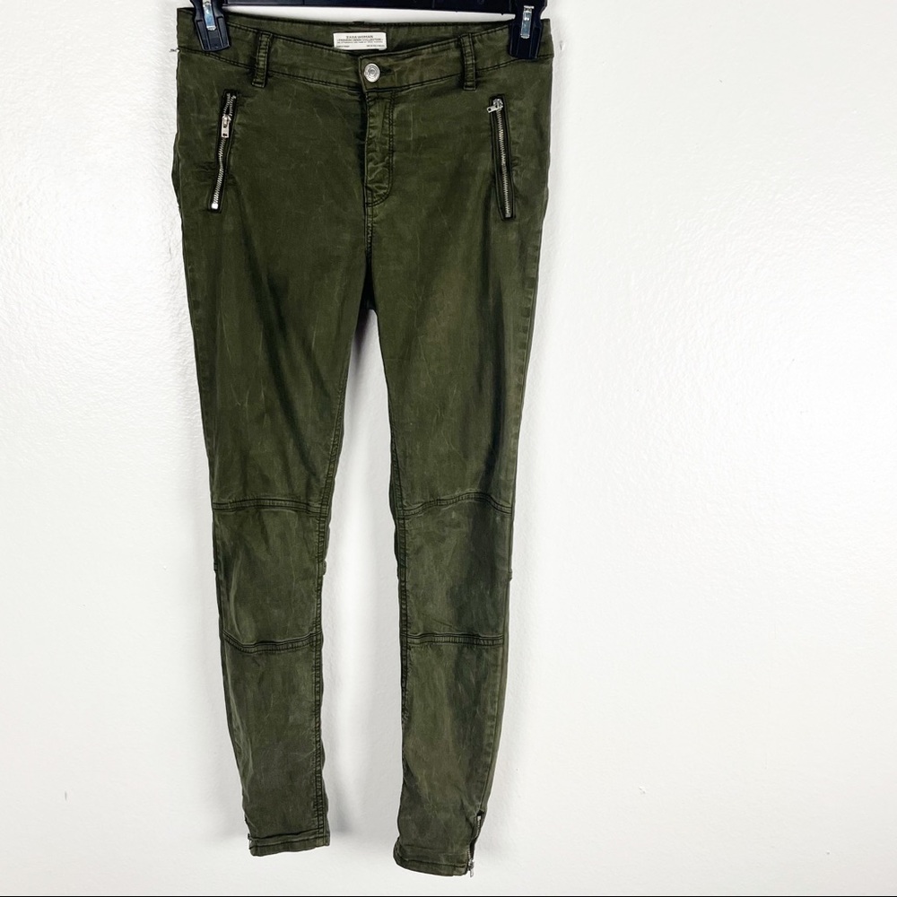 ZARA WOMAN Premium Denim Collection Army Green Moto Style Pants 4 Casual Neutral